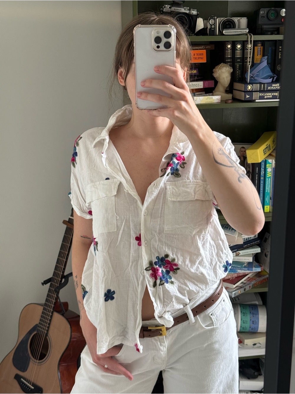 White Short-Sleeve Button Front Top with Floral Embroidery